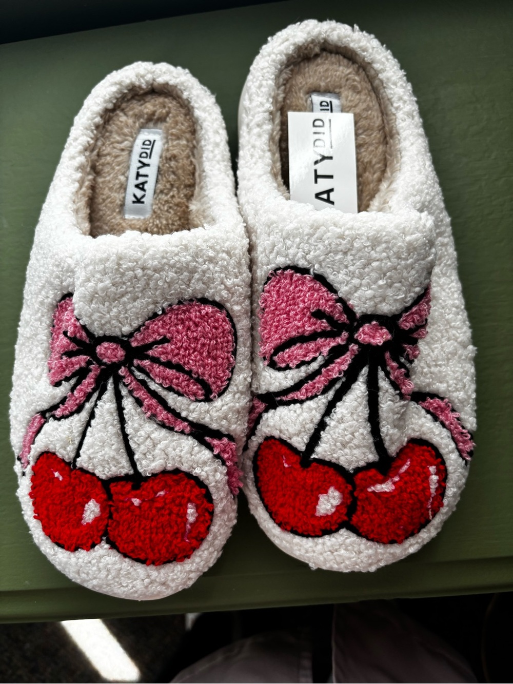 Cherry Bow Fuzzy Slippers -Size 6/7